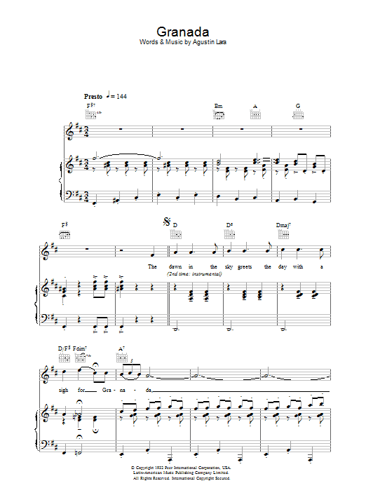 Learn to play Katherine Jenkins Granada sheet music for Real Book – Melody & Chords in minutes. Katherine Jenkins Granada sheet music preview music notes and score for Real Book – Melody & Chords including 2 page(s)