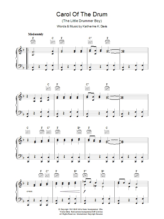 Learn to play Katherine K. Davis Carol Of The Drum (The Little Drummer Boy) sheet music for Piano, Vocal & Guitar (Right-Hand Melody) in minutes. Katherine K. Davis Carol Of The Drum (The Little Drummer Boy) sheet music preview music notes and score for Piano, Vocal & Guitar (Right-Hand Melody) including 5 page(s)