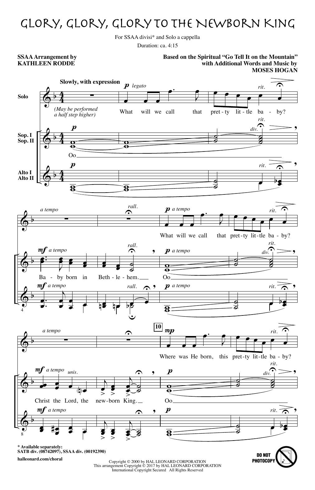 Kathleen Rodde Glory, Glory To The Newborn King sheet music, chords, lyrics - Printable PDF for SSA