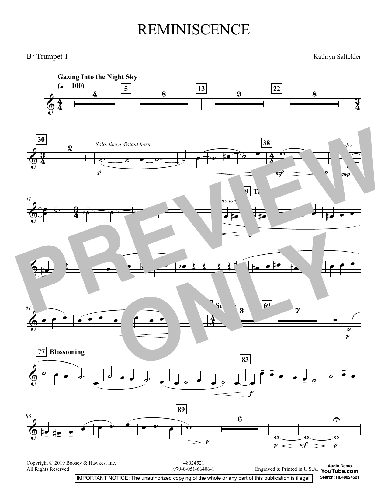 Kathryn Salfelder Reminiscence - Bb Trumpet 1 sheet music preview music notes and score for Concert Band including 1 page(s)