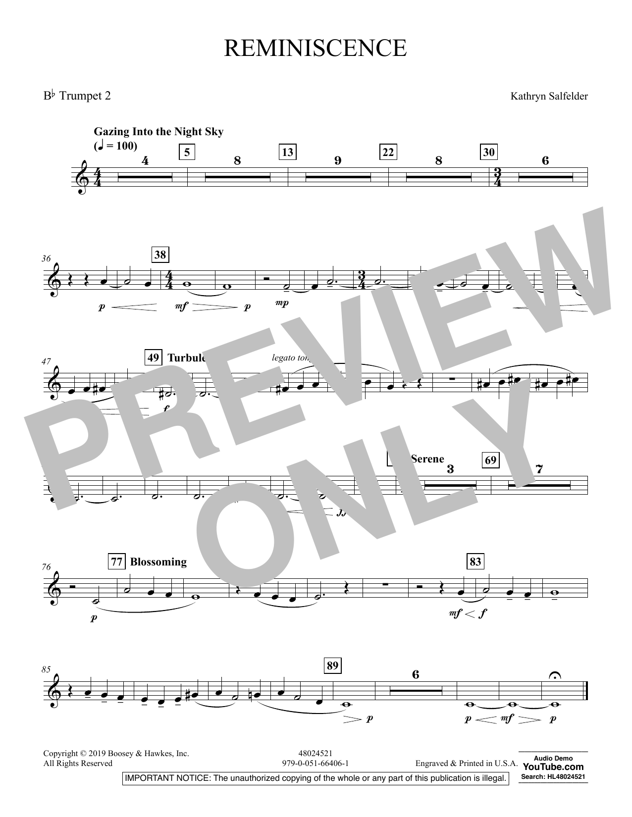 Kathryn Salfelder Reminiscence - Bb Trumpet 2 sheet music preview music notes and score for Concert Band including 1 page(s)
