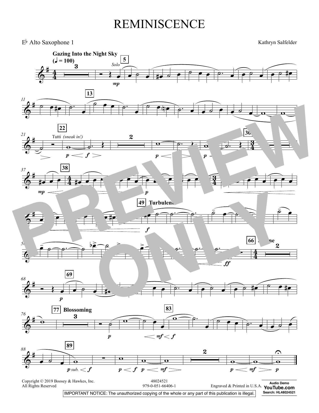 Kathryn Salfelder Reminiscence - Eb Alto Saxophone 1 sheet music preview music notes and score for Concert Band including 1 page(s)