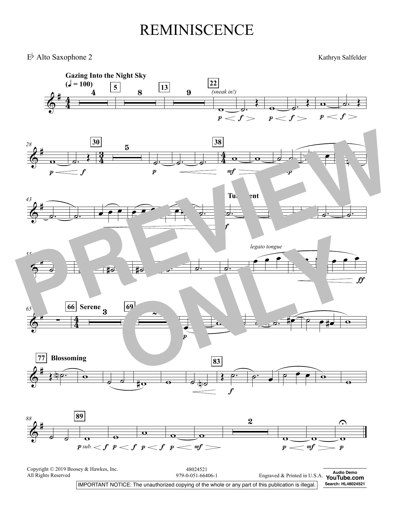 Learn to play Kathryn Salfelder Reminiscence - Eb Alto Saxophone 2 sheet music for Concert Band in minutes. Kathryn Salfelder Reminiscence - Eb Alto Saxophone 2 sheet music preview music notes and score for Concert Band including 1 page(s)