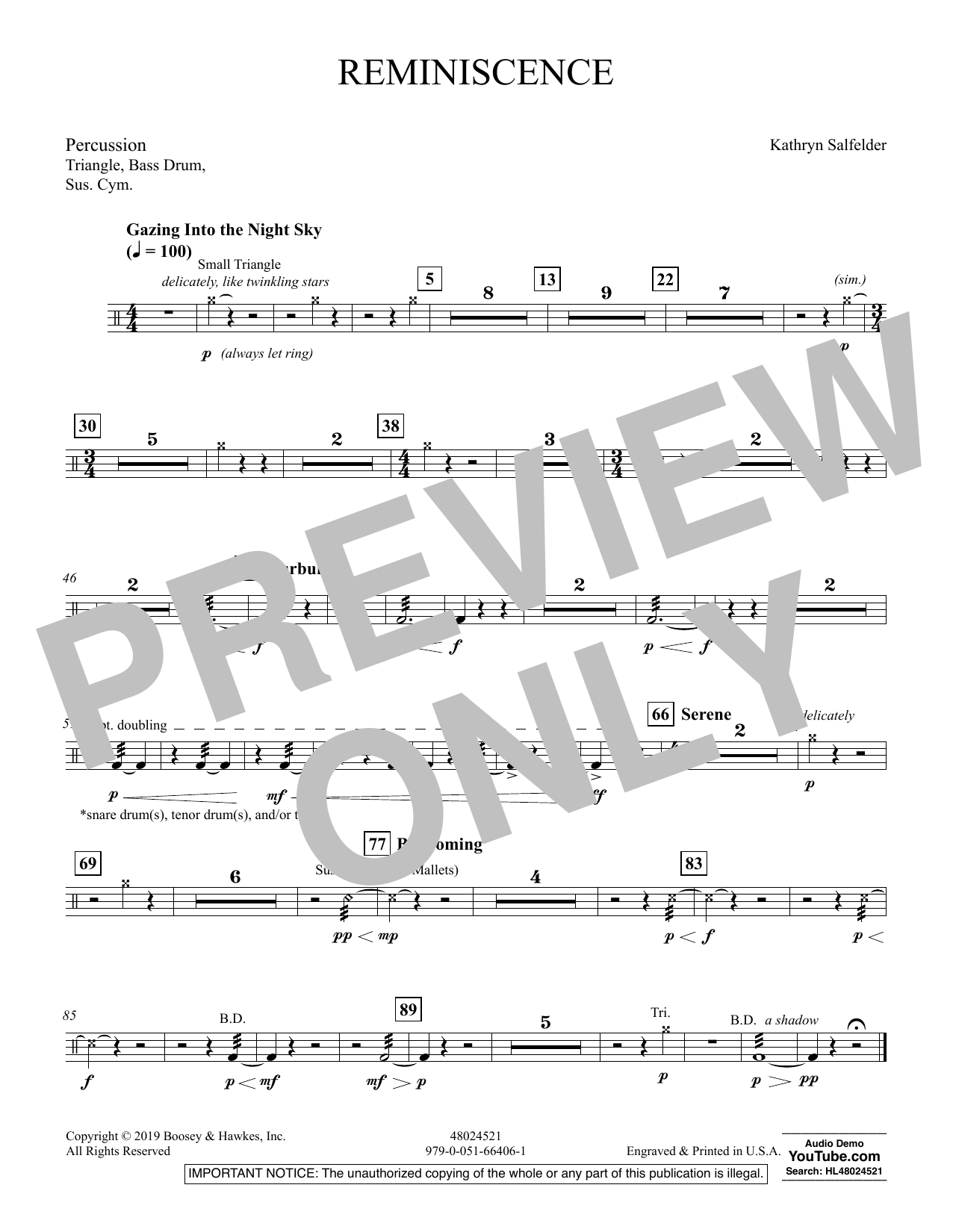 Kathryn Salfelder Reminiscence - Percussion sheet music preview music notes and score for Concert Band including 1 page(s)
