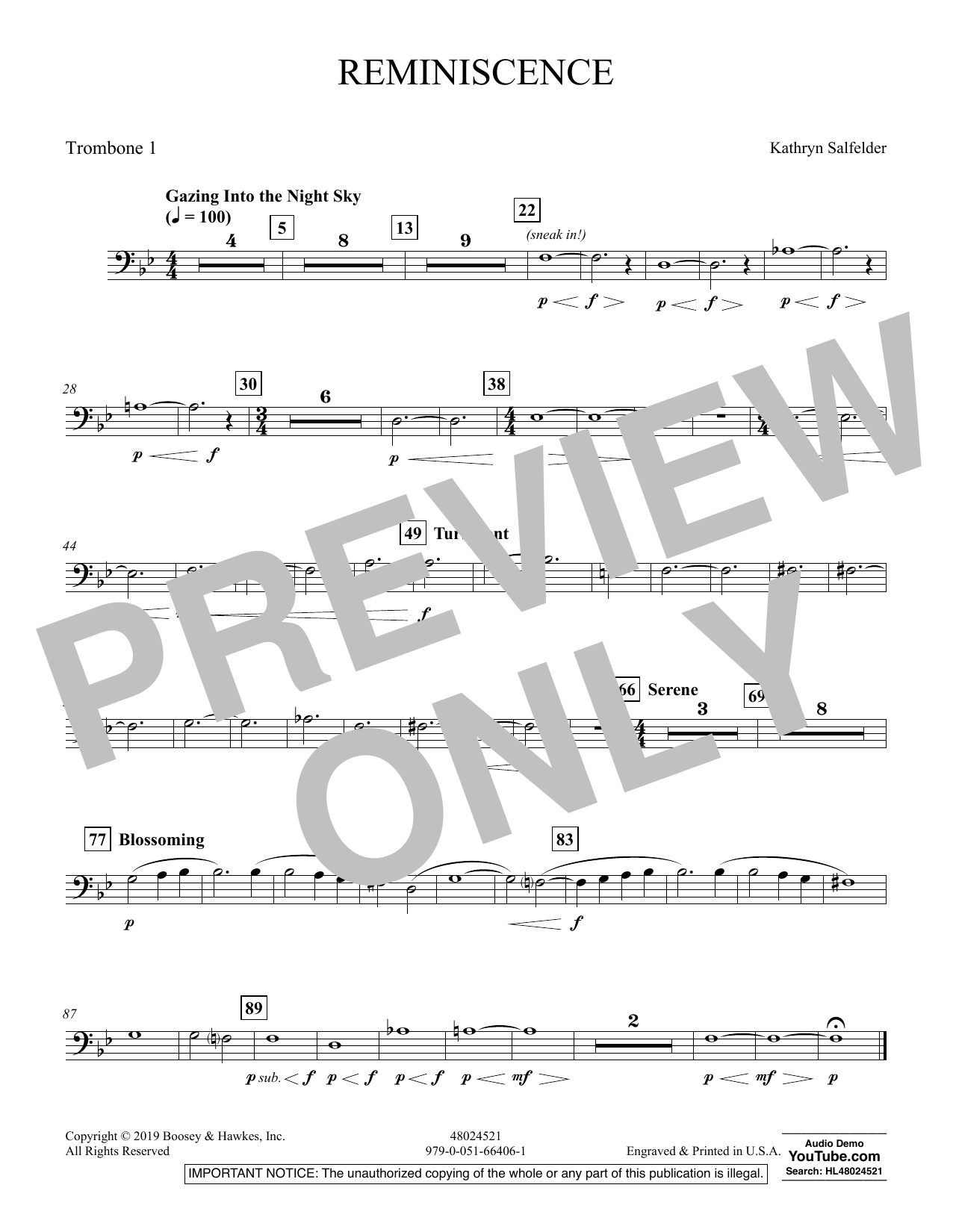 Learn to play Kathryn Salfelder Reminiscence - Trombone 1 sheet music for Concert Band in minutes. Kathryn Salfelder Reminiscence - Trombone 1 sheet music preview music notes and score for Concert Band including 1 page(s)