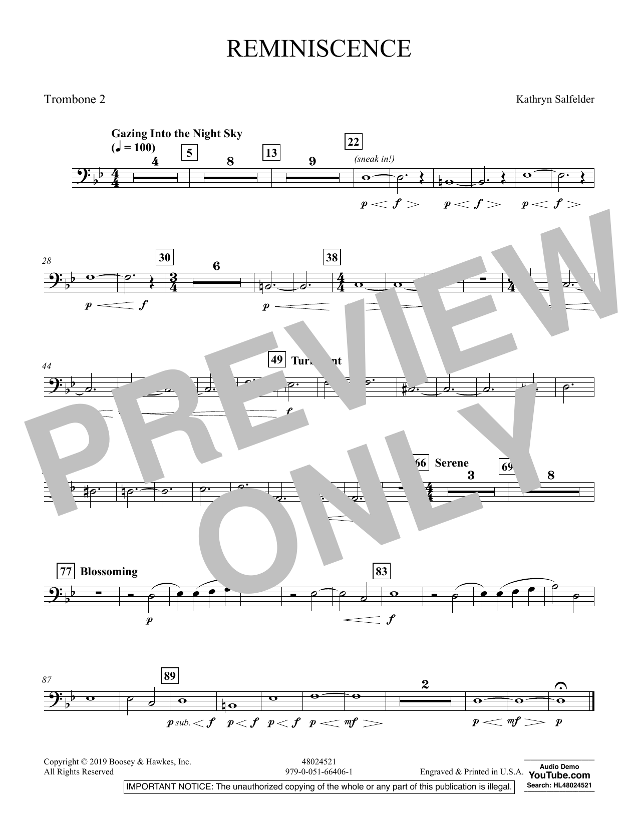 Kathryn Salfelder Reminiscence - Trombone 2 sheet music preview music notes and score for Concert Band including 1 page(s)