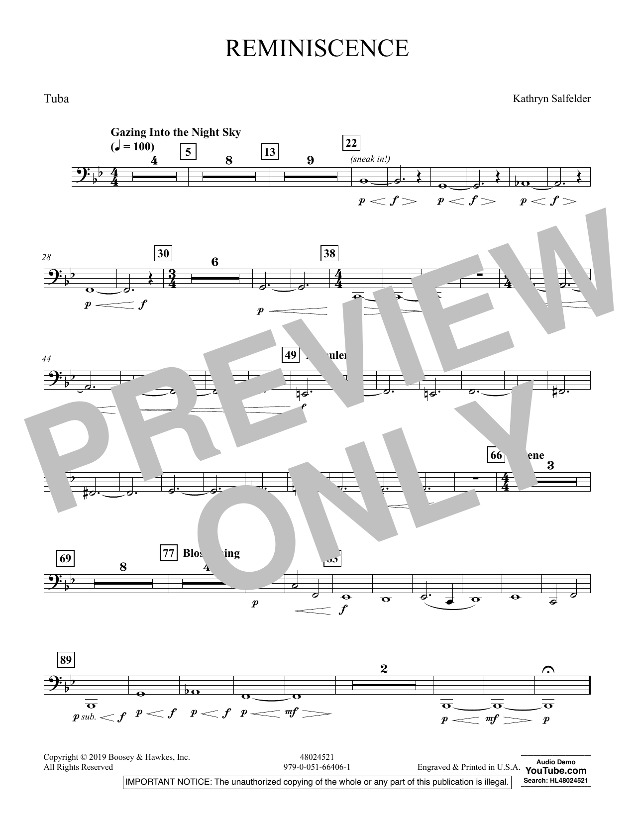 Kathryn Salfelder Reminiscence - Tuba sheet music preview music notes and score for Concert Band including 1 page(s)