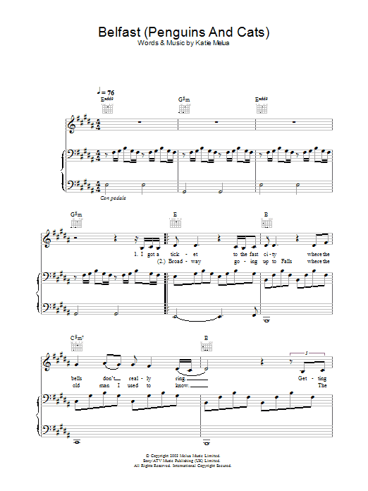 Learn to play Katie Melua Belfast (Penguins And Cats) sheet music for Piano, Vocal & Guitar in minutes. Katie Melua Belfast (Penguins And Cats) sheet music preview music notes and score for Piano, Vocal & Guitar including 4 page(s)