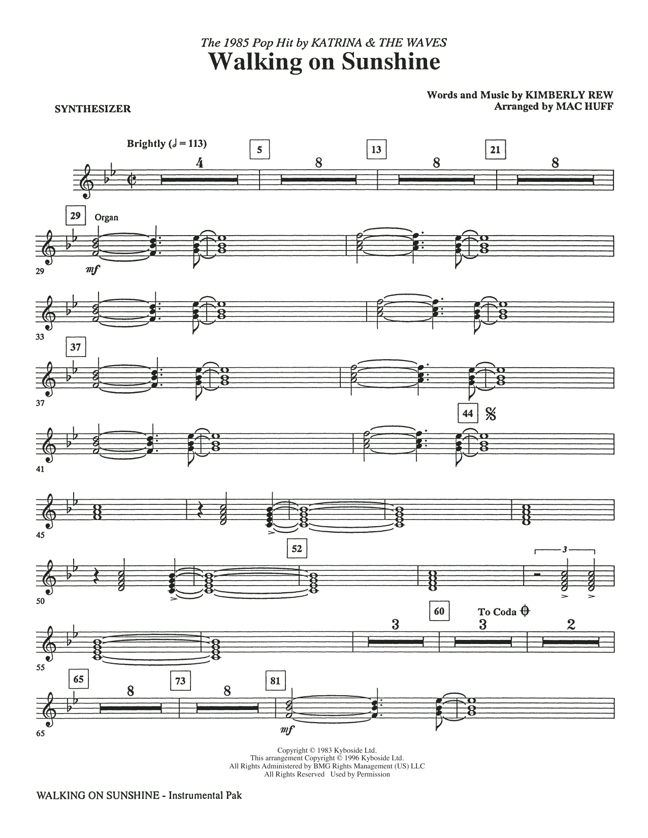 Learn to play Katrina & The Waves Walking on Sunshine (arr. Mac Huff) - Synthesizer sheet music for Choir Instrumental Pak in minutes. Katrina & The Waves Walking on Sunshine (arr. Mac Huff) - Synthesizer sheet music preview music notes and score for Choir Instrumental Pak including 2 page(s)