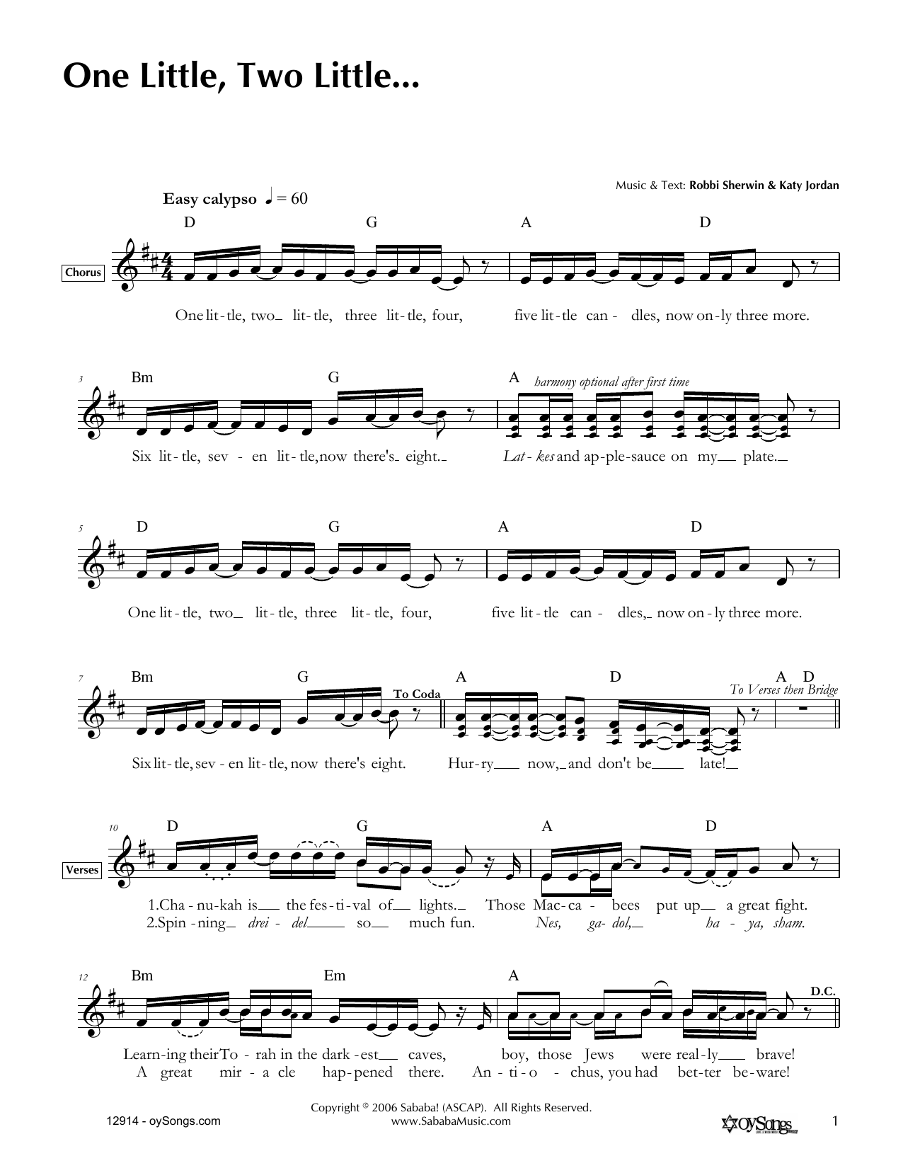 Katy Jordan One Little, Two Little sheet music, chords, lyrics - Printable PDF for Melody Line, Lyrics & Chords