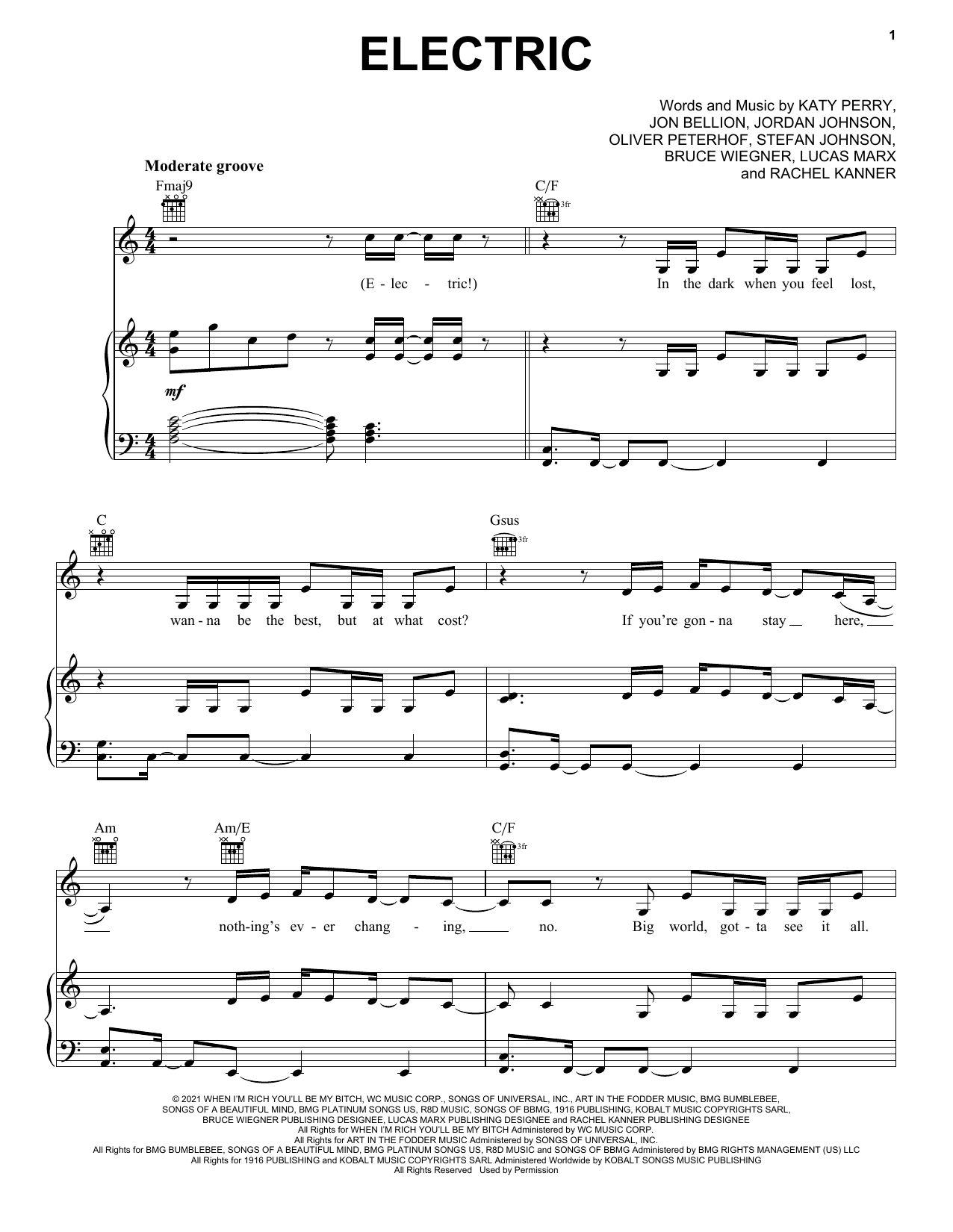 Learn to play Katy Perry Electric sheet music for Piano, Vocal & Guitar (Right-Hand Melody) in minutes. Katy Perry Electric sheet music preview music notes and score for Piano, Vocal & Guitar (Right-Hand Melody) including 7 page(s)