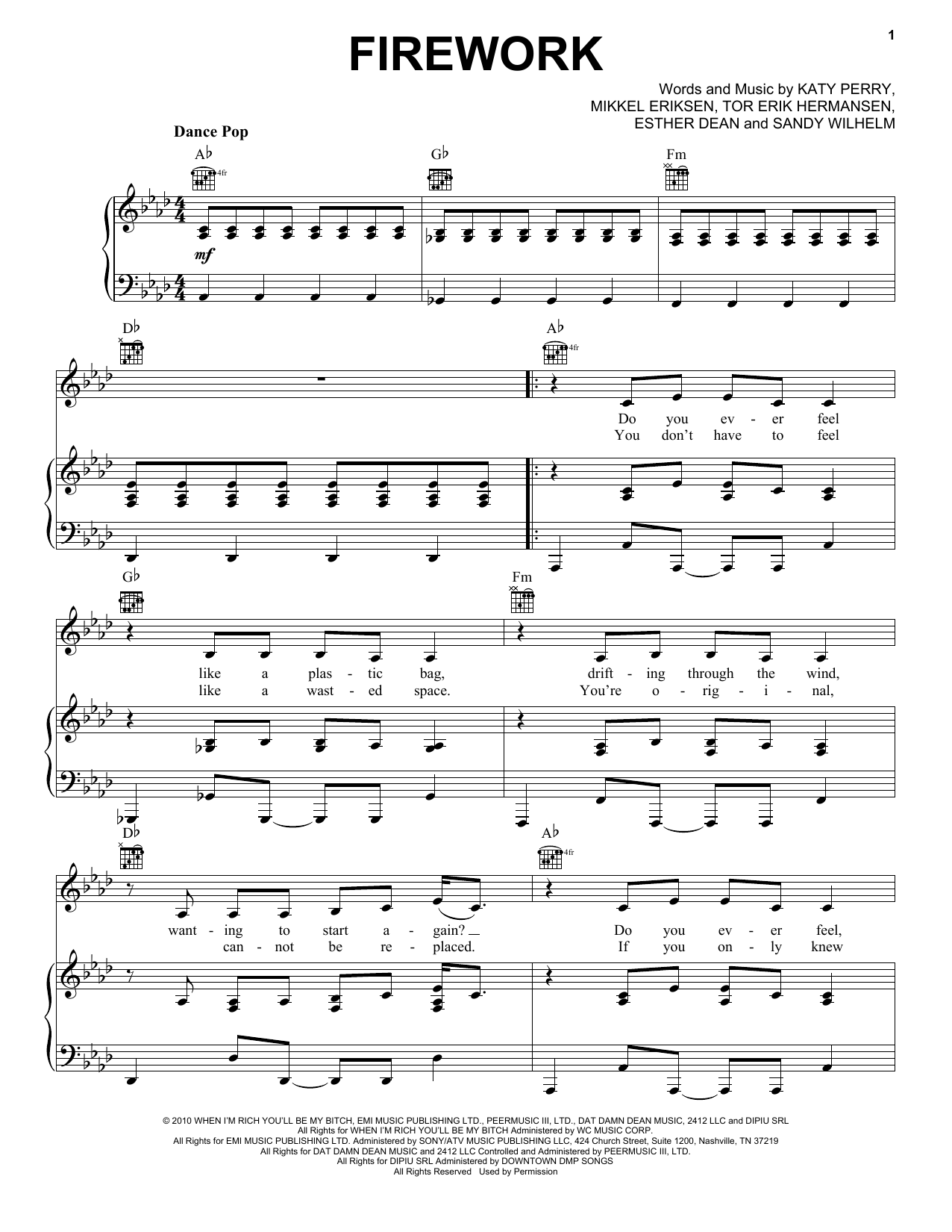 Learn to play Katy Perry Firework sheet music for Piano, Vocal & Guitar (Right-Hand Melody) in minutes. Katy Perry Firework sheet music preview music notes and score for Piano, Vocal & Guitar (Right-Hand Melody) including 6 page(s)