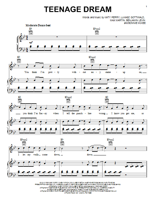 Katy Perry Teenage Dream sheet music preview music notes and score for Piano, Vocal & Guitar (Right-Hand Melody) including 5 page(s)