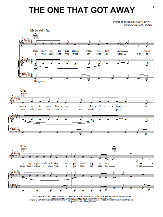 Learn to play Katy Perry The One That Got Away sheet music for Piano, Vocal & Guitar (Right-Hand Melody) in minutes. Katy Perry The One That Got Away sheet music preview music notes and score for Piano, Vocal & Guitar (Right-Hand Melody) including 7 page(s)