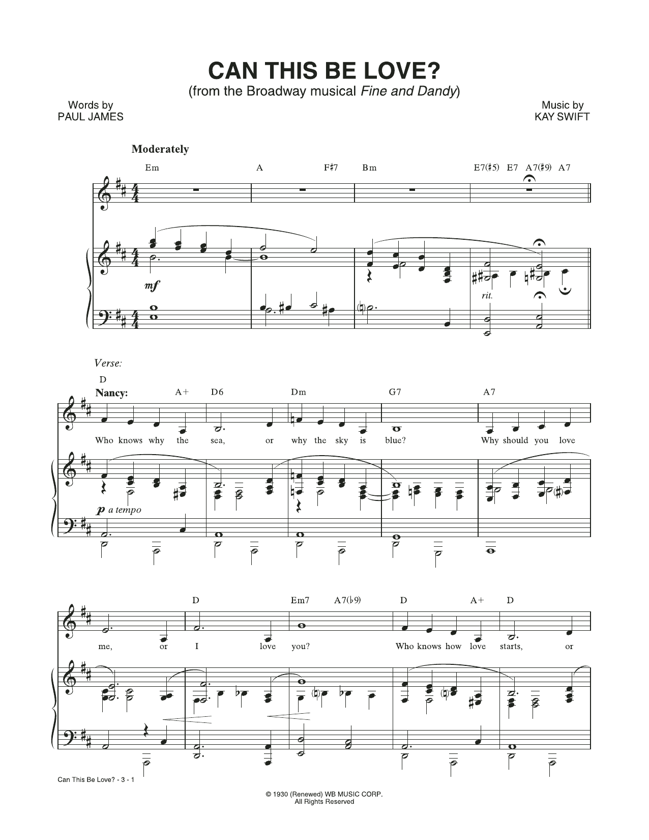 Kay Swift & Paul James Can This Be Love? (from the musical Fine and Dandy) sheet music, chords, lyrics - Printable PDF for Piano & Vocal