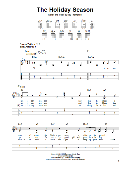 Learn to play Kay Thompson The Holiday Season sheet music for Easy Guitar Tab in minutes. Kay Thompson The Holiday Season sheet music preview music notes and score for Easy Guitar Tab including 3 page(s)