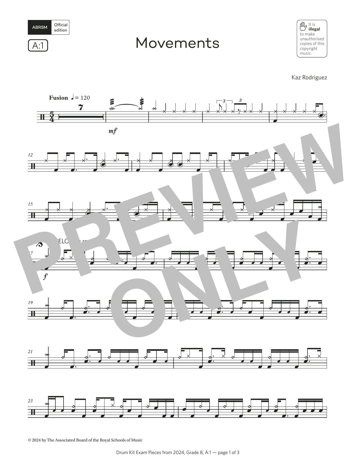 Kaz Rodriguez Movements (Grade 8, list A1, from the ABRSM Drum Kit Syllabus 2024) sheet music, chords, lyrics - Printable PDF for Drums
