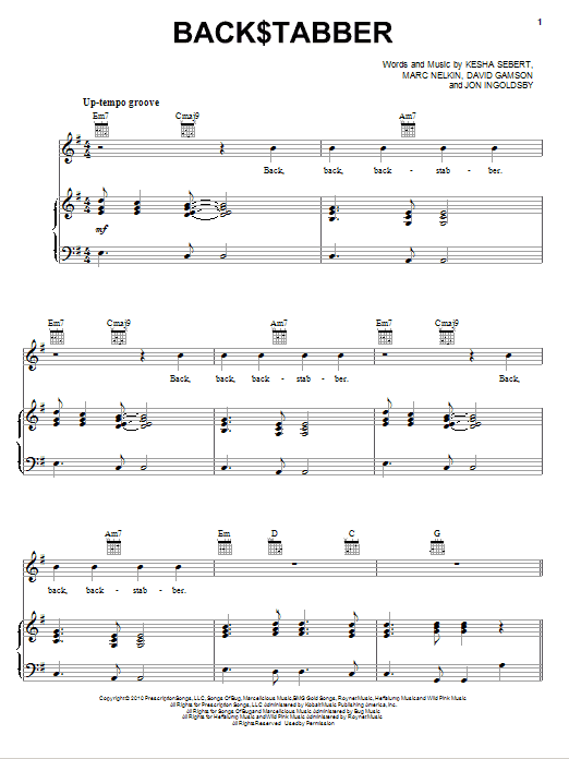 Kesha Back$tabber sheet music, chords, lyrics - Printable PDF for Piano, Vocal & Guitar (Right-Hand Melody)