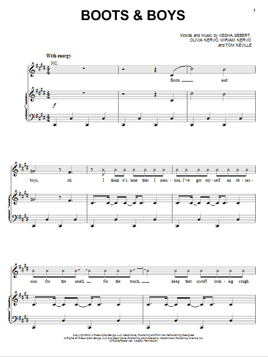 Kesha Boots & Boys sheet music, chords, lyrics - Printable PDF for Piano, Vocal & Guitar (Right-Hand Melody)