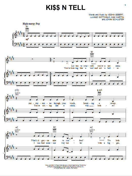 Kesha Ki$$ N Tell sheet music, chords, lyrics - Printable PDF for Piano, Vocal & Guitar (Right-Hand Melody)