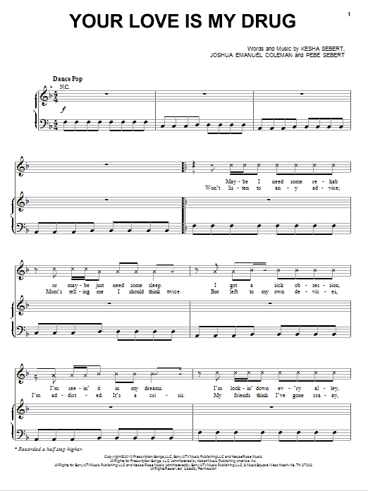 Kesha Your Love Is My Drug sheet music preview music notes and score for Piano, Vocal & Guitar (Right-Hand Melody) including 6 page(s)