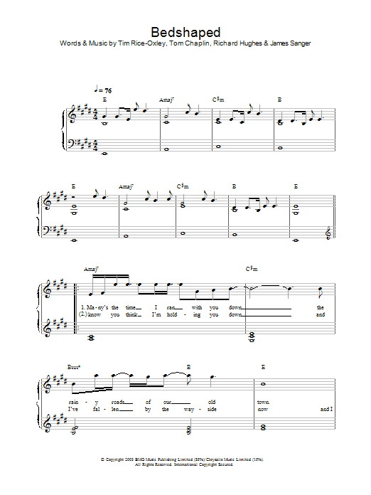 Learn to play Keane Bedshaped sheet music for Piano, Vocal & Guitar in minutes. Keane Bedshaped sheet music preview music notes and score for Piano, Vocal & Guitar including 4 page(s)