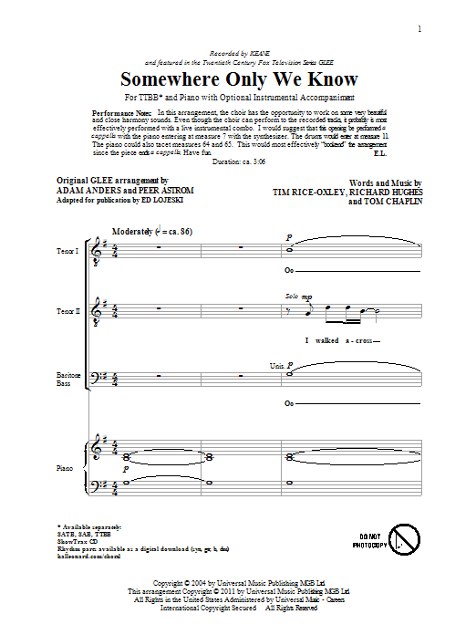 Learn to play Keane Somewhere Only We Know (arr. Ed Lojeski) sheet music for TTBB in minutes. Keane Somewhere Only We Know (arr. Ed Lojeski) sheet music preview music notes and score for TTBB including 11 page(s)