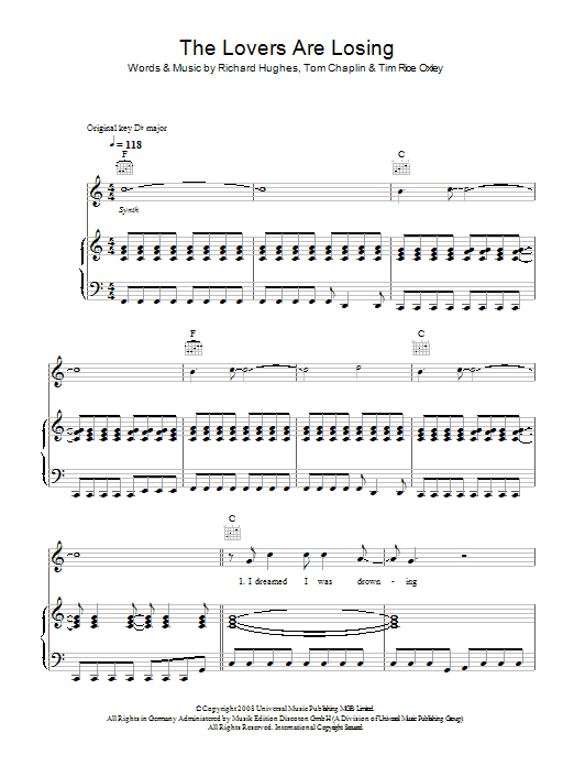 Keane The Lovers Are Losing sheet music preview music notes and score for Piano, Vocal & Guitar (Right-Hand Melody) including 7 page(s)