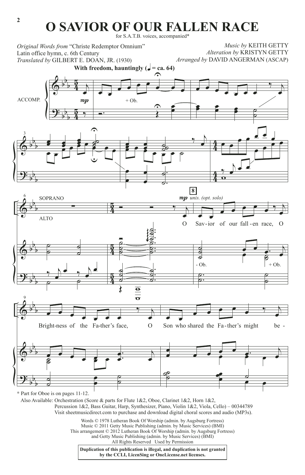 Keith & Kristyn Getty O Savior Of Our Fallen Race (arr. David Angerman) sheet music, chords, lyrics - Printable PDF for SATB Choir