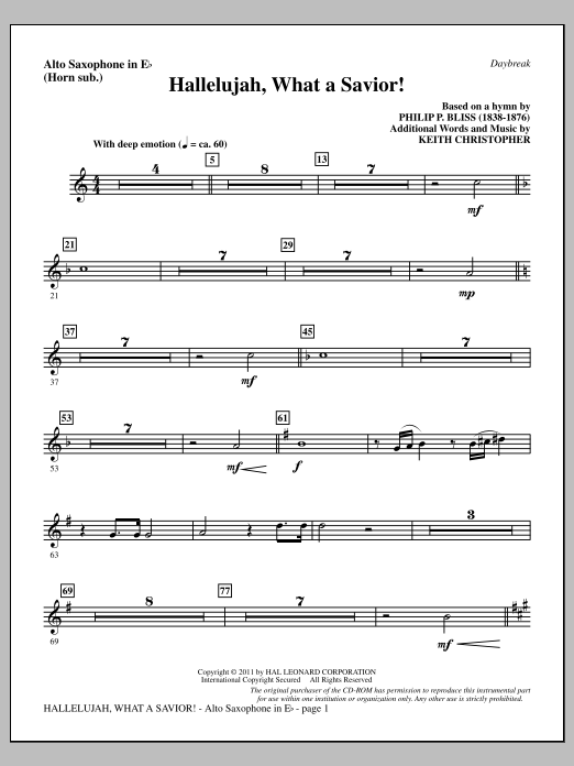 Keith Christopher Hallelujah, What A Savior! - Alto Sax (sub. Horn) sheet music, chords, lyrics - Printable PDF for Choir Instrumental Pak