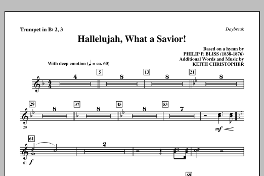 Keith Christopher Hallelujah, What A Savior! - Bb Trumpet 2,3 sheet music, chords, lyrics - Printable PDF for Choir Instrumental Pak