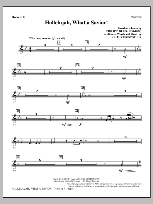 Keith Christopher Hallelujah, What A Savior! - F Horn sheet music, chords, lyrics - Printable PDF for Choir Instrumental Pak