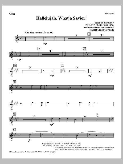 Keith Christopher Hallelujah, What A Savior! - Oboe sheet music, chords, lyrics - Printable PDF for Choir Instrumental Pak