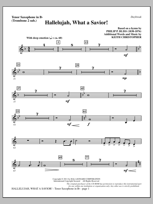 Keith Christopher Hallelujah, What A Savior! - Tenor Sax (sub. Tbn 2) sheet music, chords, lyrics - Printable PDF for Choir Instrumental Pak
