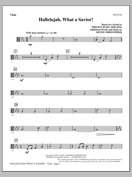 Keith Christopher Hallelujah, What A Savior! - Viola sheet music, chords, lyrics - Printable PDF for Choir Instrumental Pak