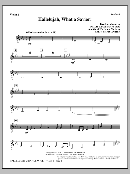 Keith Christopher Hallelujah, What A Savior! - Violin 2 sheet music, chords, lyrics - Printable PDF for Choir Instrumental Pak