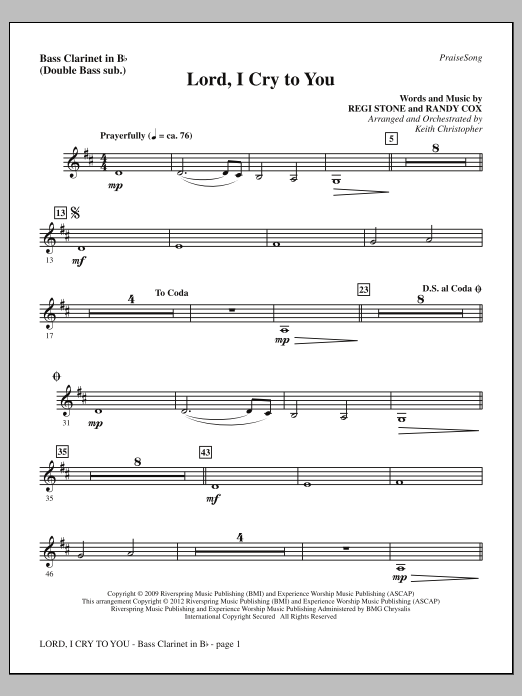 Keith Christopher Lord, I Cry To You - Bass Clarinet (sub. dbl bass) sheet music, chords, lyrics - Printable PDF for Choir Instrumental Pak