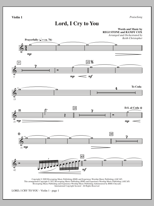 Keith Christopher Lord, I Cry To You - Violin 1 sheet music, chords, lyrics - Printable PDF for Choir Instrumental Pak