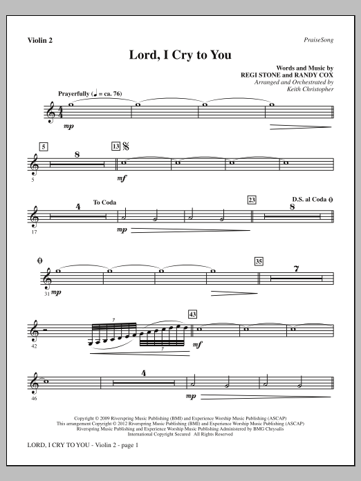 Keith Christopher Lord, I Cry To You - Violin 2 sheet music, chords, lyrics - Printable PDF for Choir Instrumental Pak