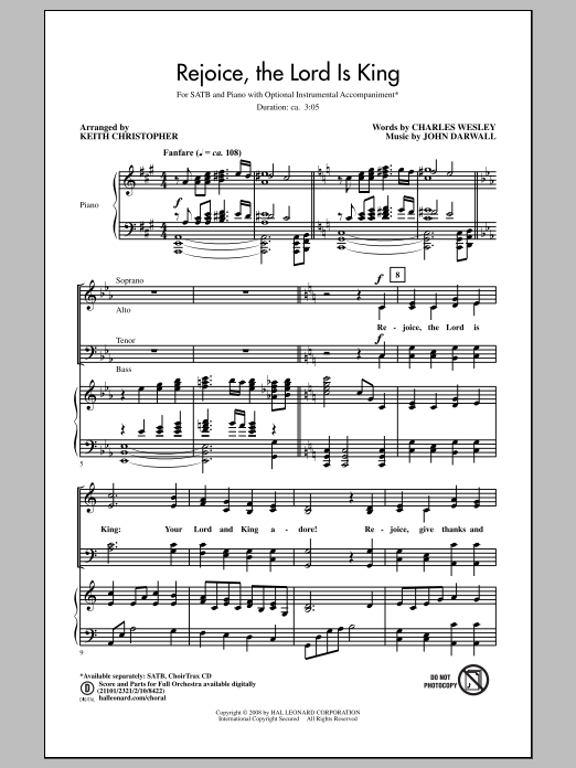 Charles Wesley Rejoice, The Lord Is King (arr. Keith Christopher) sheet music, chords, lyrics - Printable PDF for SATB