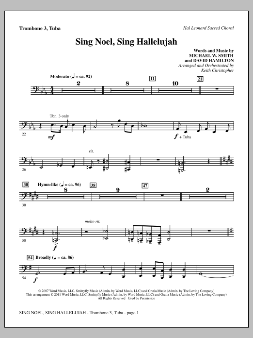 Keith Christopher Sing Noel, Sing Hallelujah - Trombone 3/Tuba sheet music, chords, lyrics - Printable PDF for Choir Instrumental Pak