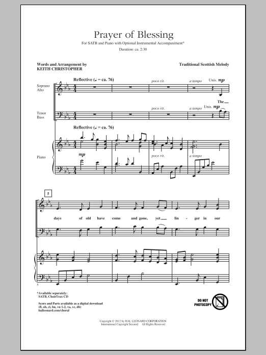 Learn to play Traditional Prayer Of Blessing (arr. Keith Christopher) sheet music for SATB in minutes. Traditional Prayer Of Blessing (arr. Keith Christopher) sheet music preview music notes and score for SATB including 5 page(s)