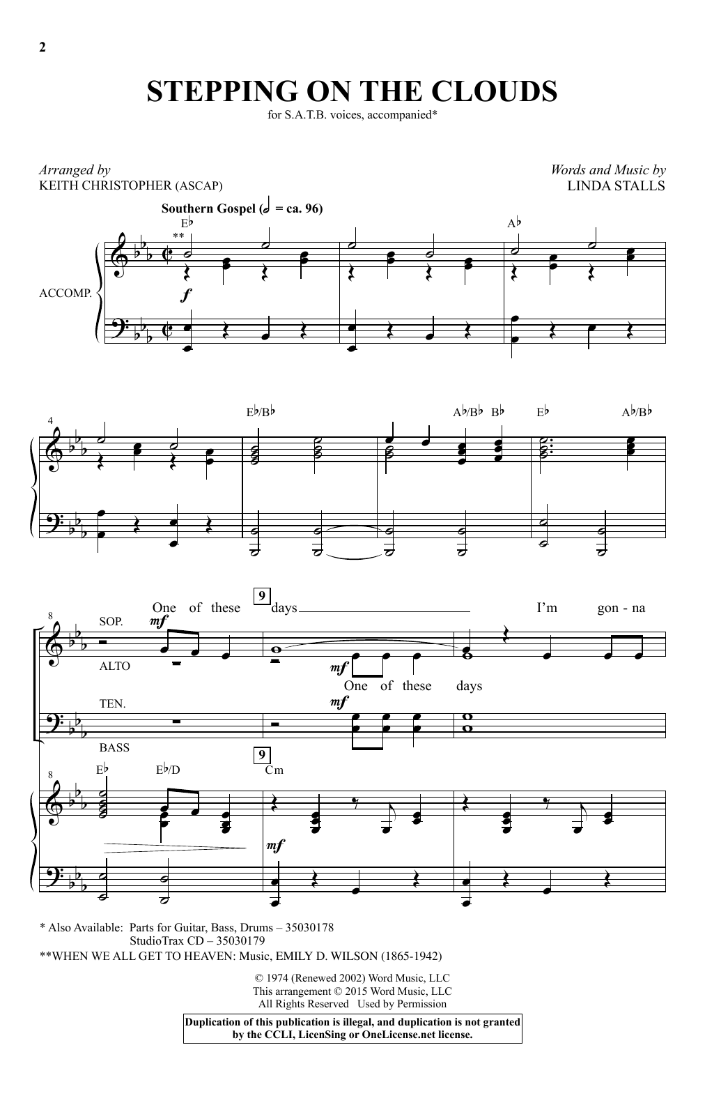Learn to play Keith Christopher Stepping On The Clouds sheet music for SATB in minutes. Keith Christopher Stepping On The Clouds sheet music preview music notes and score for SATB including 11 page(s)