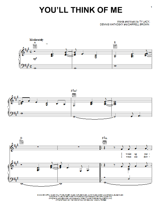 Learn to play Keith Urban You'll Think Of Me sheet music for Piano, Vocal & Guitar (Right-Hand Melody) in minutes. Keith Urban You'll Think Of Me sheet music preview music notes and score for Piano, Vocal & Guitar (Right-Hand Melody) including 9 page(s)