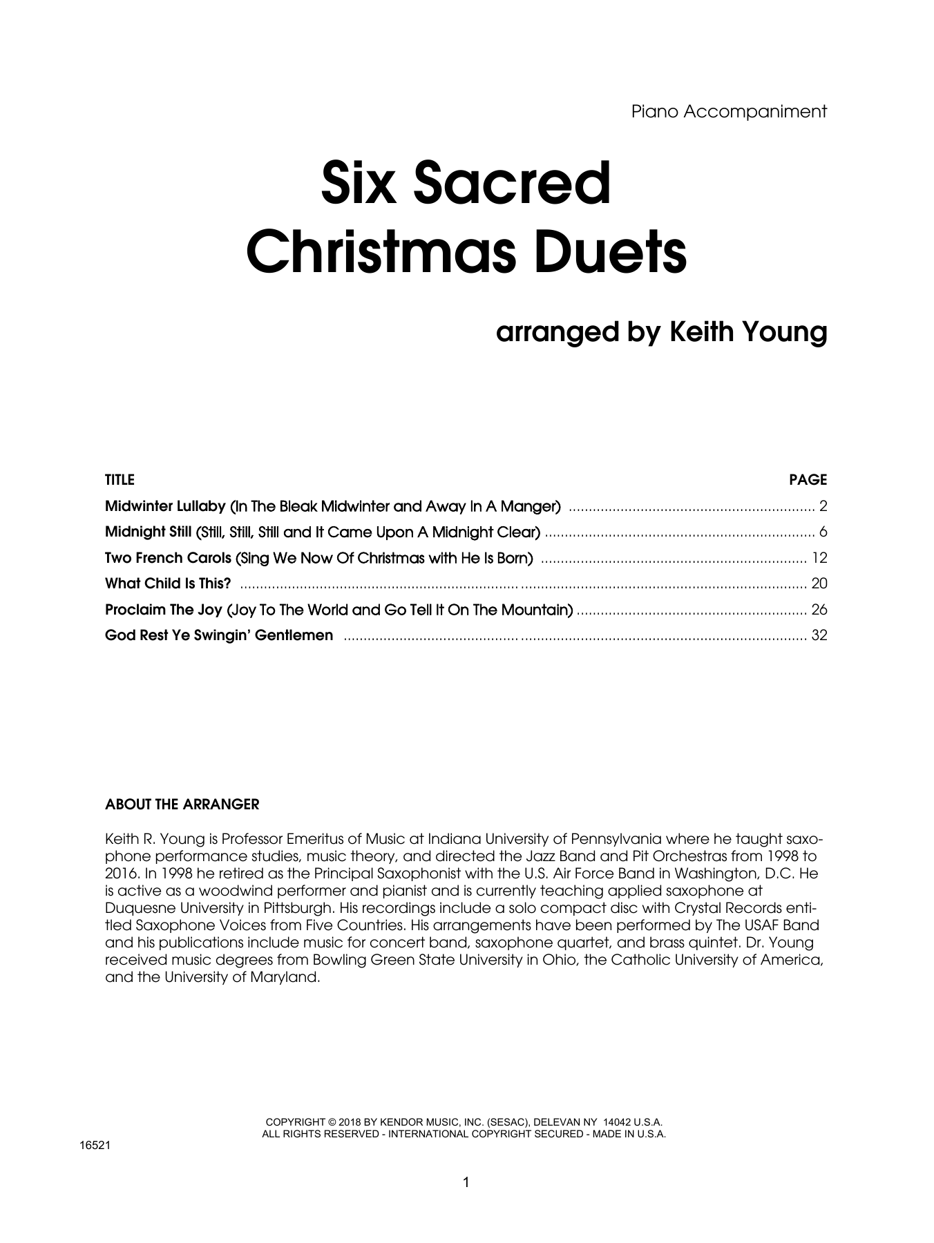 Keith Young Six Sacred Christmas Duets - Piano Accompaniment sheet music preview music notes and score for Woodwind Ensemble including 39 page(s)