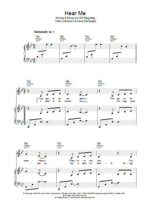 Kelly Clarkson Hear Me sheet music preview music notes and score for Piano, Vocal & Guitar (Right-Hand Melody) including 8 page(s)