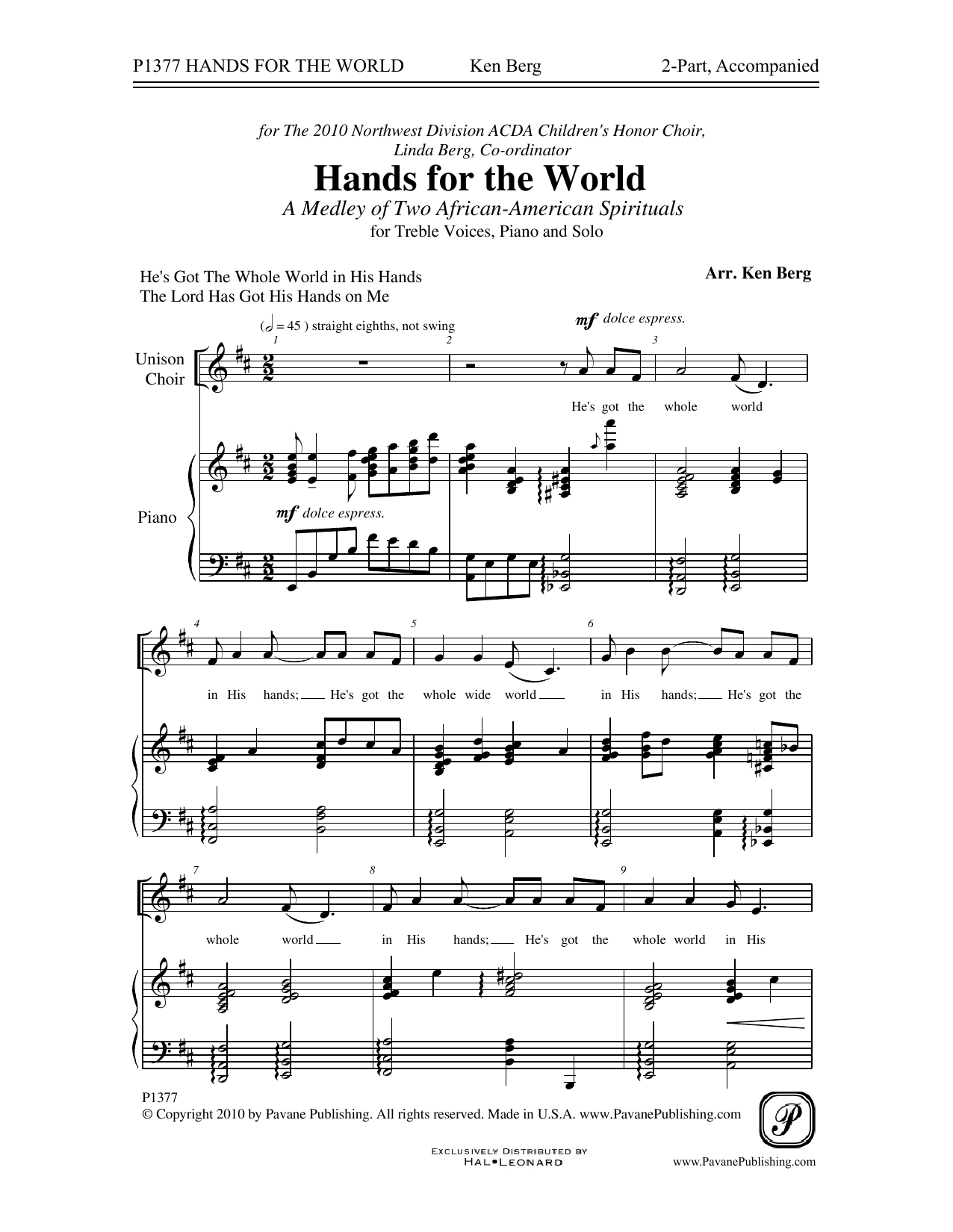 Ken Berg Hands For The World sheet music, chords, lyrics - Printable PDF for 2-Part Choir