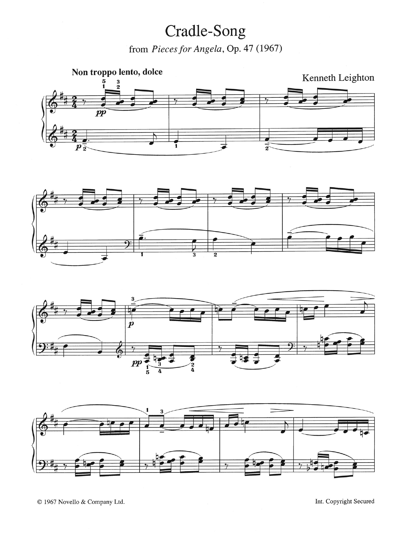 Kenneth Leighton Cradle Song (from Pieces For Angela, Opus 47) sheet music, chords, lyrics - Printable PDF for Piano