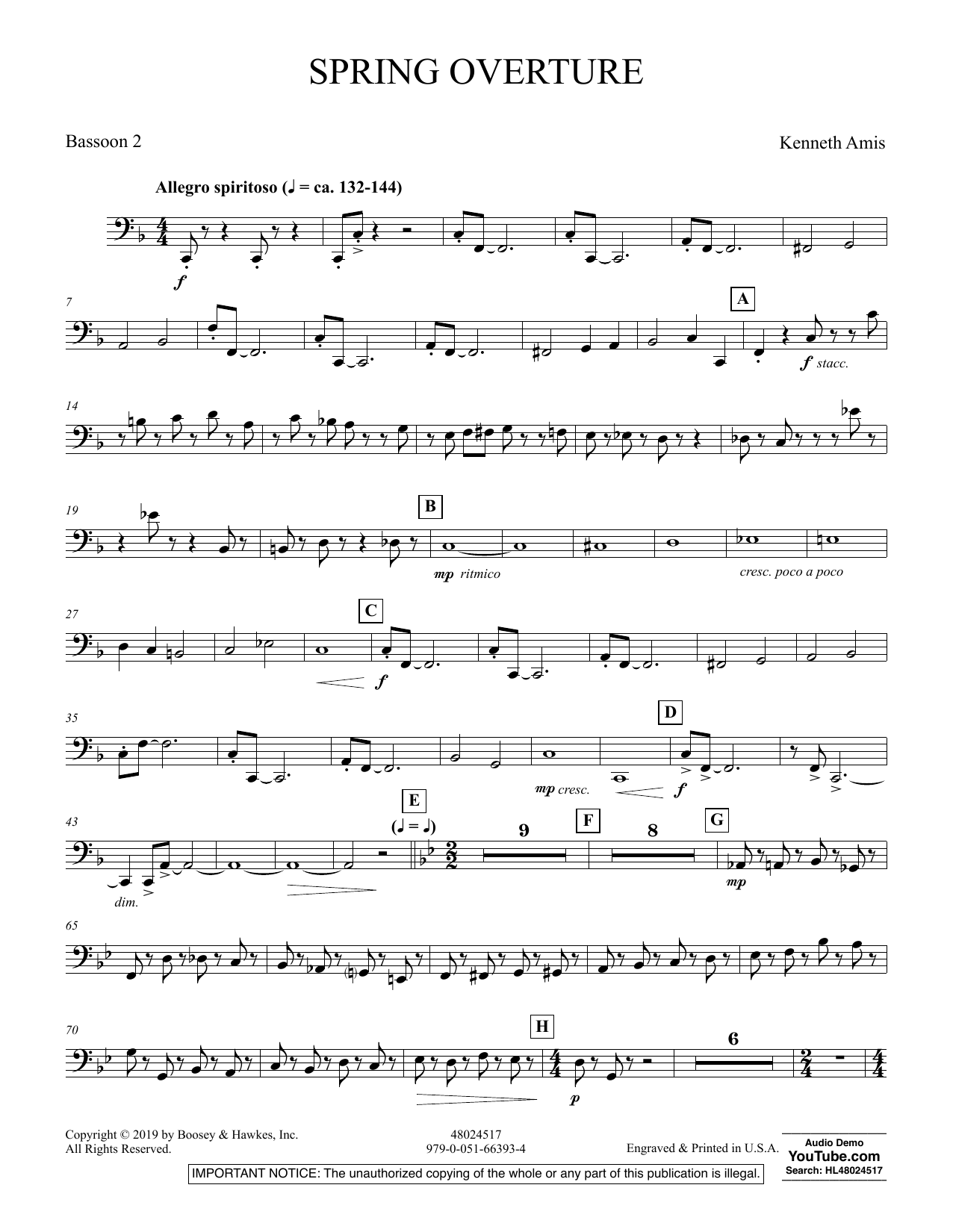 Learn to play Kenneth Amis Spring Overture - Bassoon 2 sheet music for Concert Band in minutes. Kenneth Amis Spring Overture - Bassoon 2 sheet music preview music notes and score for Concert Band including 3 page(s)