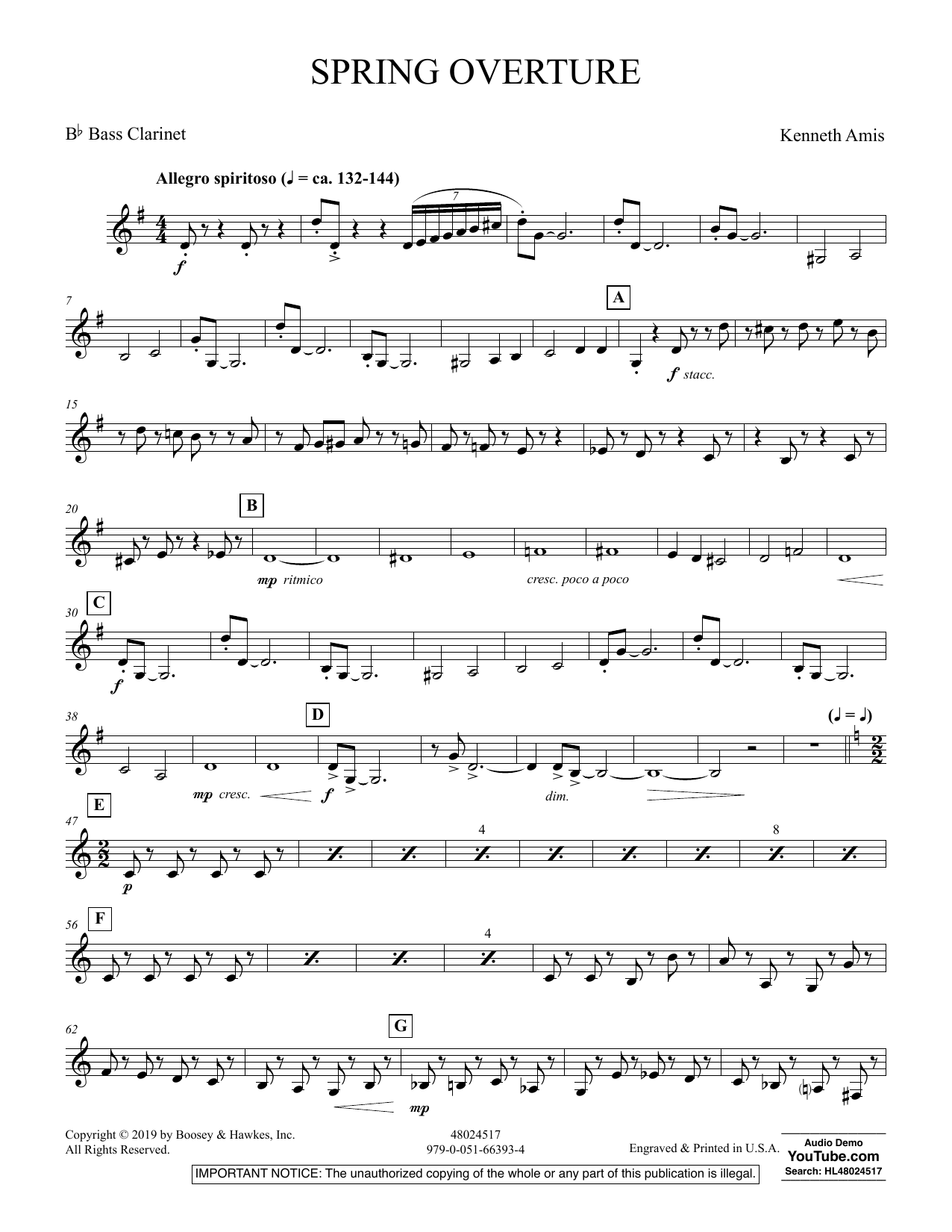 Kenneth Amis Spring Overture - Bb Bass Clarinet sheet music preview music notes and score for Concert Band including 3 page(s)